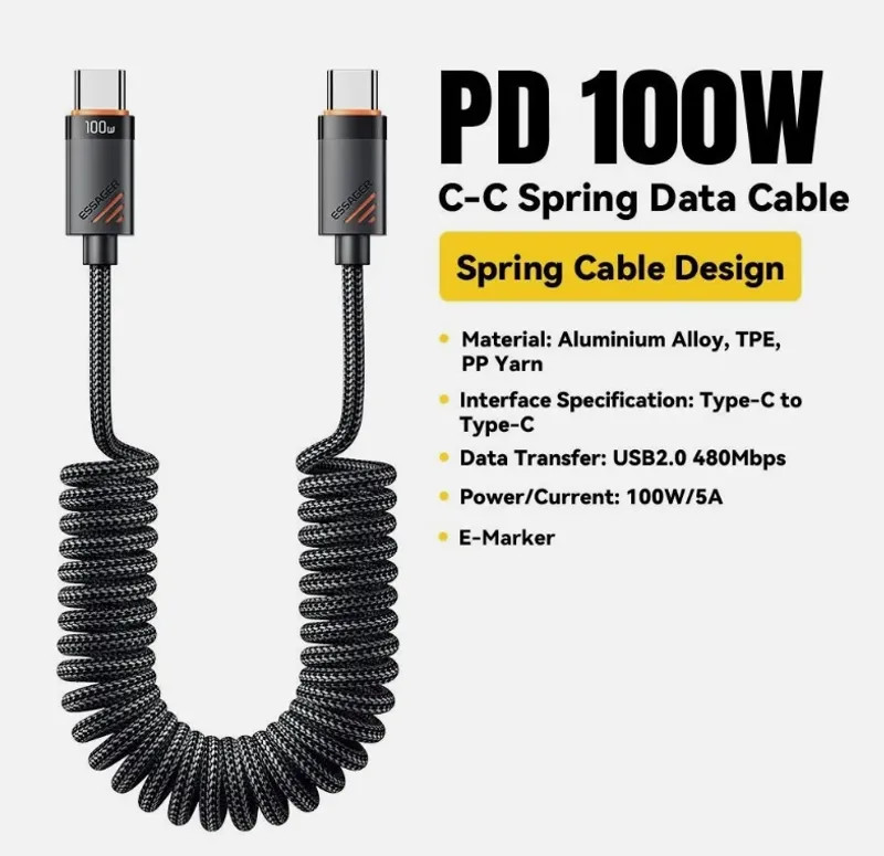 100W USB-C to USB-C Car Charger Cable Coiled Spring Fast Charging PD Type-C