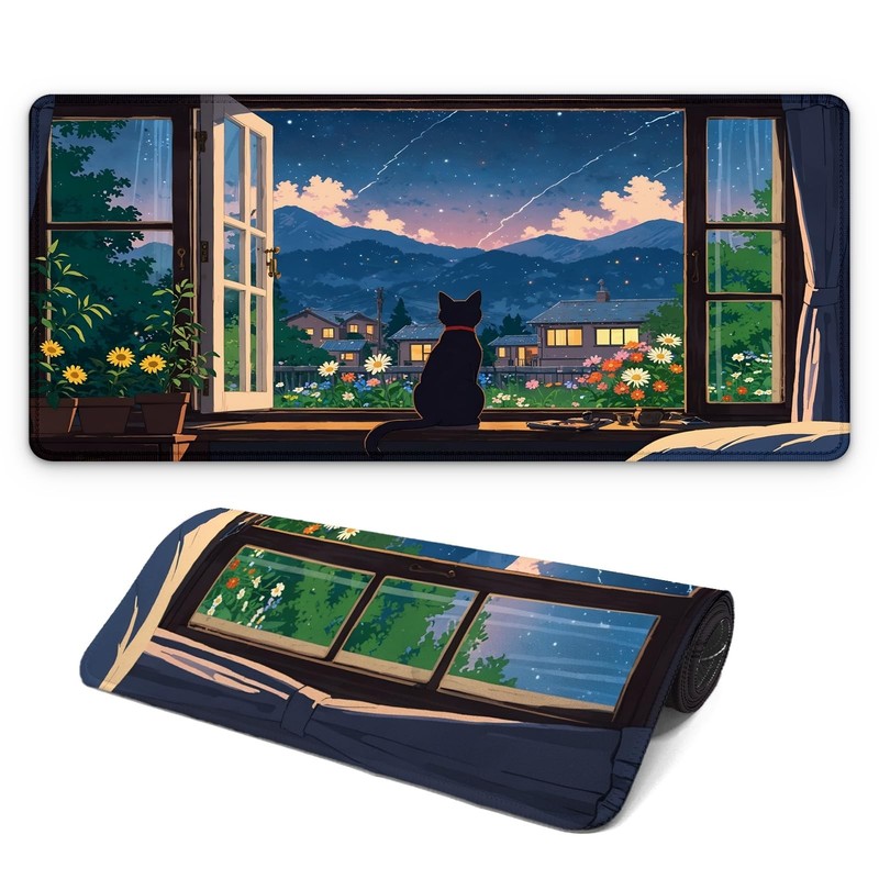 Black Cat Perched on a Windowsill Gaming Mouse Pad with Non-Slip Rubber Base,…