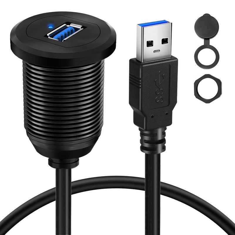 Alloy Single Port USB 3.0 Car Dashboard Panel Flush Mount Extension Cable 1ft