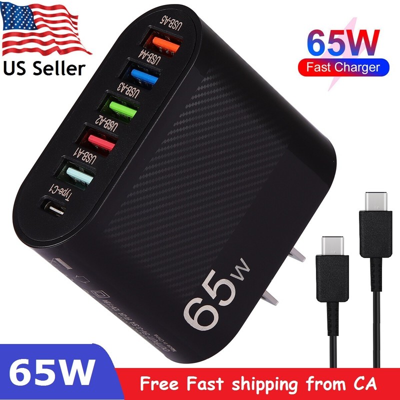 65W 6-Port Fast Wall Charger PD QC3.0 USB Adapter with 6ft Cable for Samsung USA