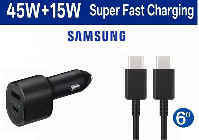 OEM Samsung 45W L5300 Fast Car Charger + 6ft USB-C to USB-C Cable Bundle