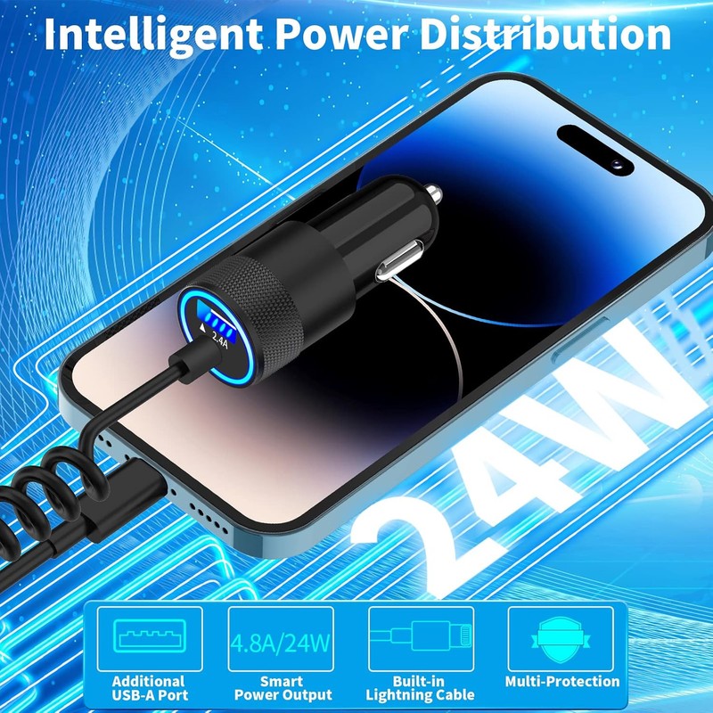 【MFi Certified】iPhone Fast Car Charger, 6FT Lightning Coiled, Ceramic Black gallery