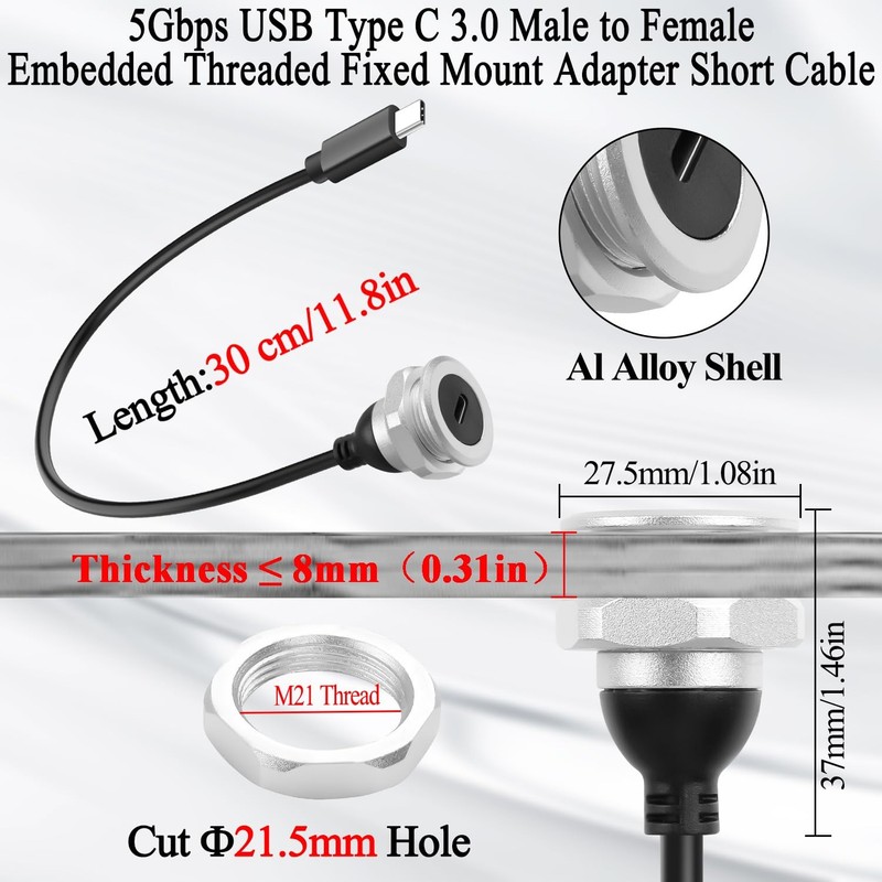 5Gbps USB C Threaded Fixed Mount Data Adapter Short Cable Al Casing PD60W gallery