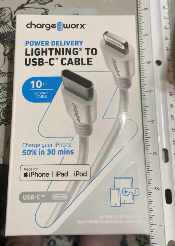 Apple to USB-C Cable ChargeWorx CX4630WH 10 Ft Power Delivery White iPhone