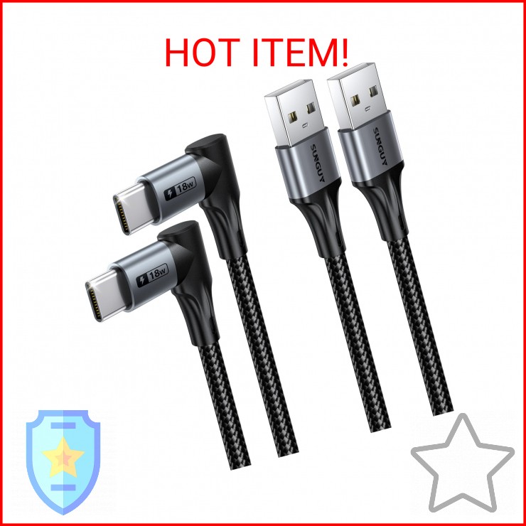 SUNGUY Right Angle USB C Cable, [2-Pack, 1FT] Short 90 Degree USB-A to USB-C Fas