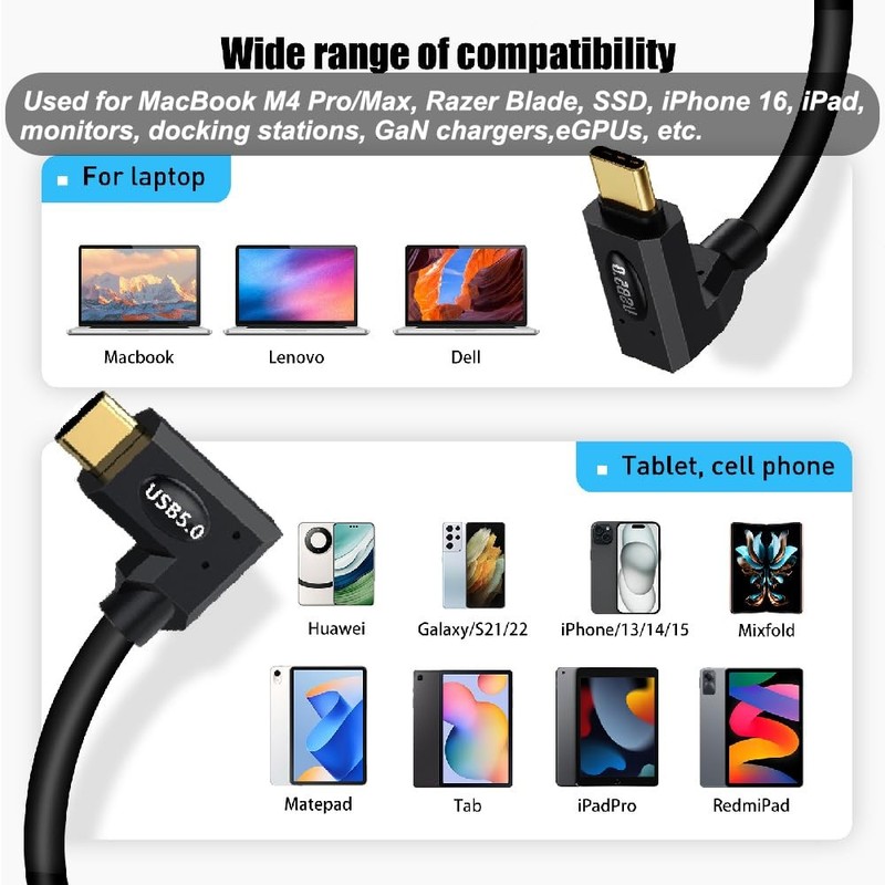 3.3 Ft USB 5.0 Type C Cable 80Gbps 240W Straight To Up Down Angle Male gallery