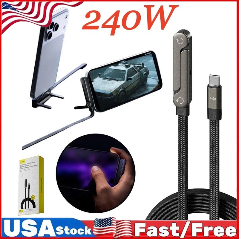 240W Fast Charging Cable & Invisible Phone Stand | Type-C to Type-C Braided CoCW gallery