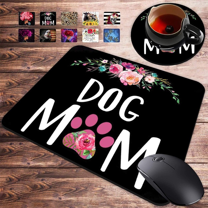 Gaming Mouse Pad and Coasters Set, Dog Mom Floral Design Mousepad, Non-Slip R…