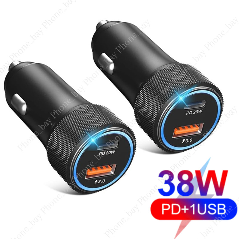 38W 12V USB C Car Phone Fast Charger Adapter PD/QC USB A Cigarette Lighter Plug