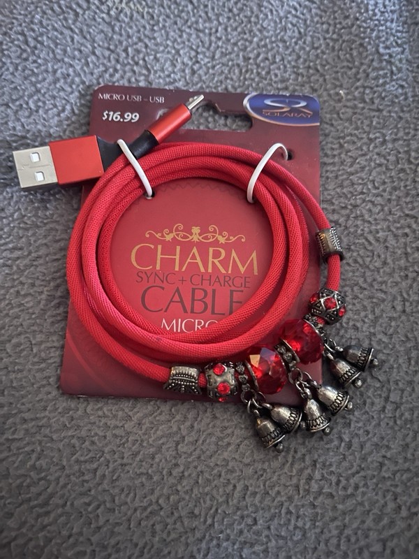 Solaray Braided Fabric Micro USB Charging & Data Sync Cable Red Jewelled Charm