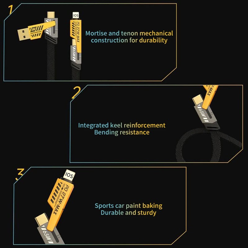 4-in-1 Flat Braided Anti-tangle Charger Cable For iPhone Samsung Type C USB Lead gallery