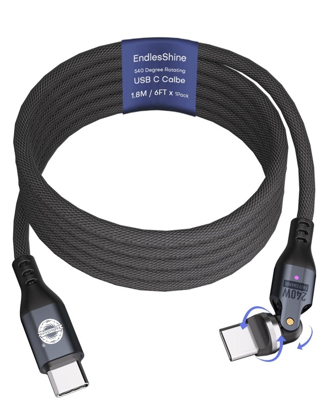 Black 6 Ft 240W PD Type C To Type C Fast Charging USB 2.0 Data Cable 360 Spin