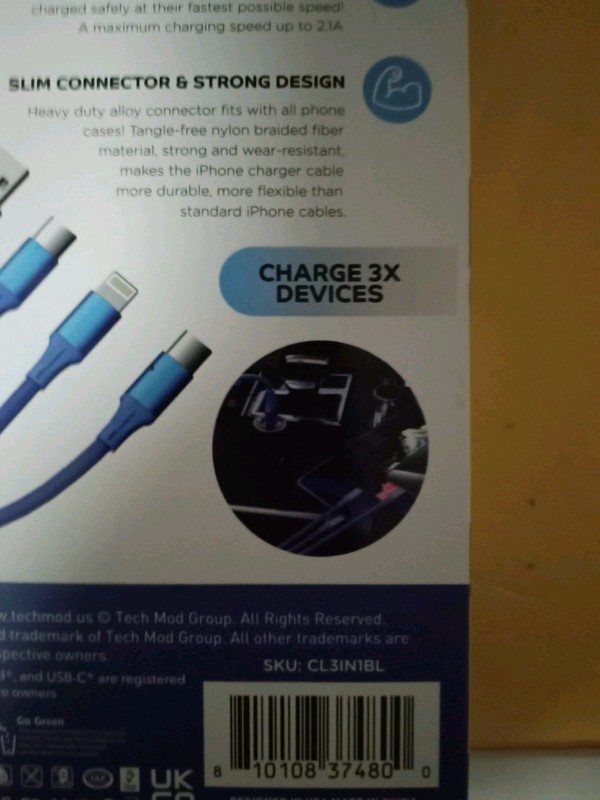 TECH MODS 3-IN-1 CHARGE & SYNC CABLE 6 FT CL3IN1BL***NEW*** gallery