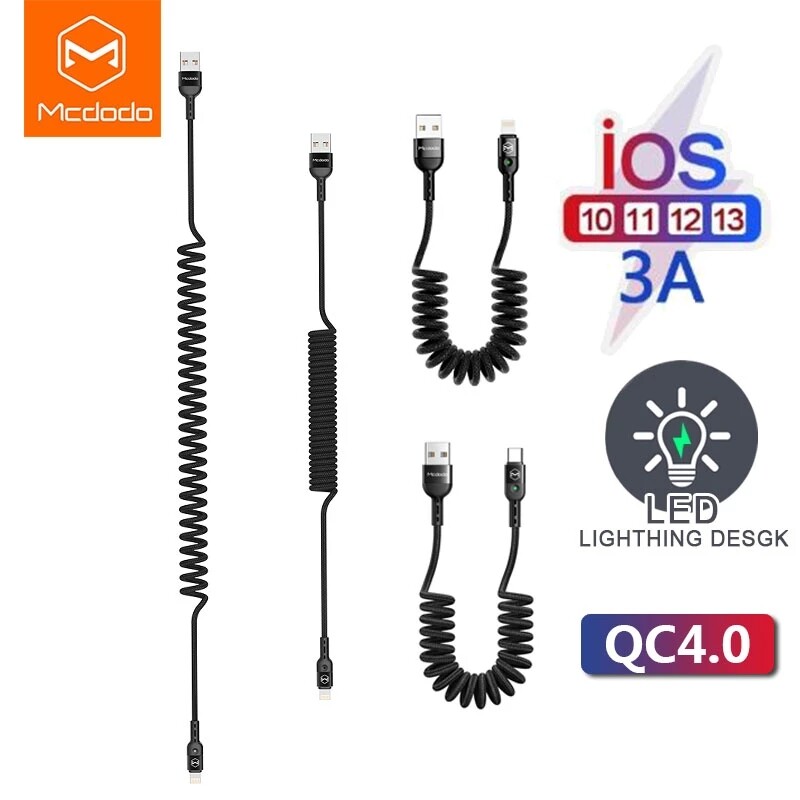 MCDODO 3A Car Spring USB Charging Cable For iPhone Type-C Power Supply QC 4.0