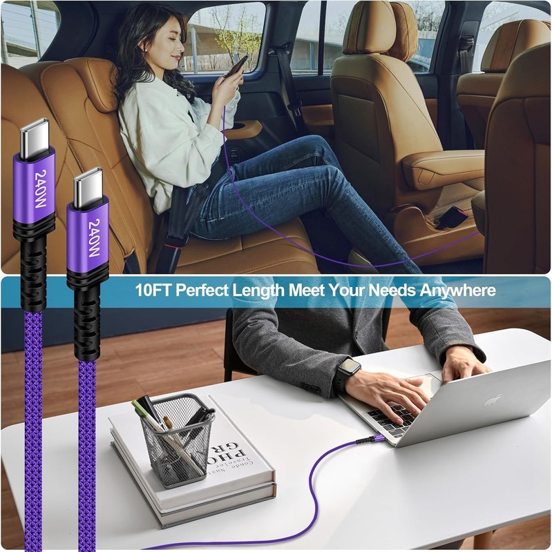 USB C to USB C Cable 240W Fast Charging Type C Charger Cord 10FT Long Braided US gallery