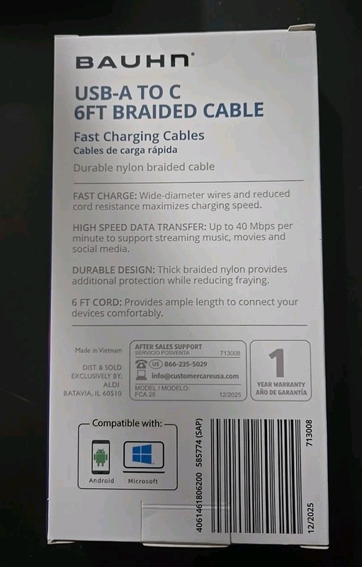 NEW! Bauhn Purple USB A-C 6 FT. Braided Cable gallery