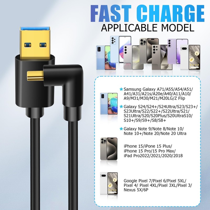 90 Degree USB Type C Cable USB 3.0 A to USB C Up Down Angle Fast Charge Cord... gallery
