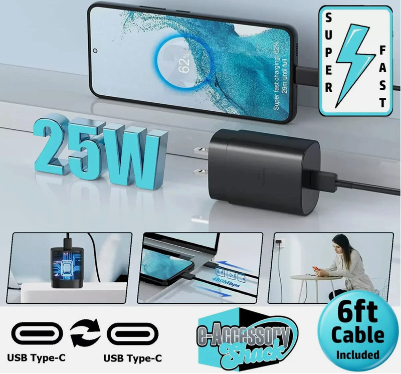 4 PACK 25w USB-C Fast Wall Charger+6ft Cable FOR Galaxy S25 S24 S23 S22 Ultra + gallery