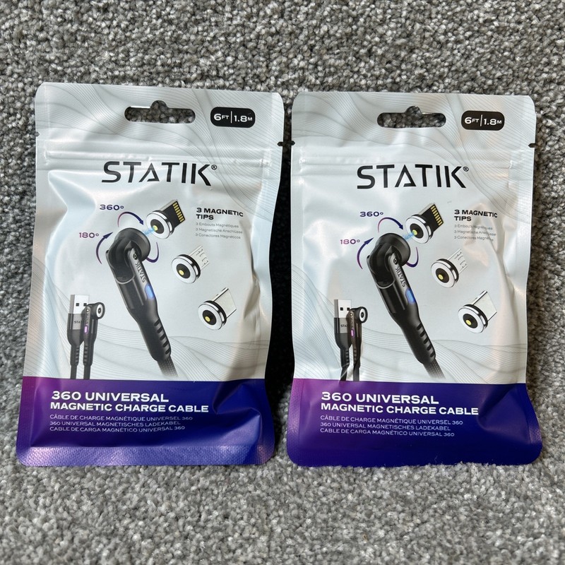 Statik 360 Universal Magnetic Charge Cable 6ft /1.8M W/ 3 Magnetic Tips Lot Of 2