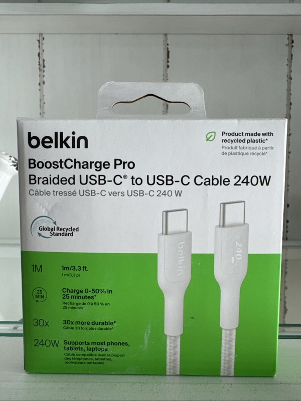 Belkin BOOST CHARGE Braided USB-C to USB-C Cable, 3.3 ft, White