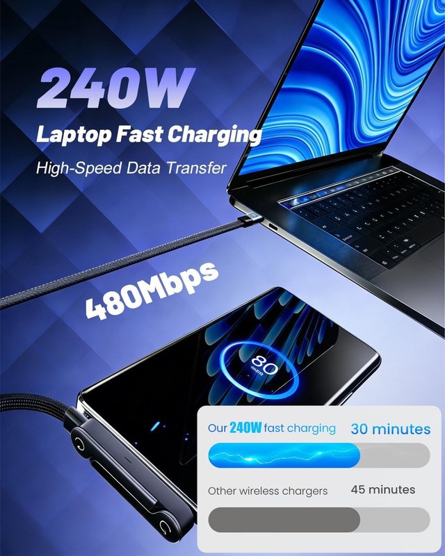 240w USB-C Charge Cable Invisible Stand Type C Charger Flat Phone Charger wit... gallery
