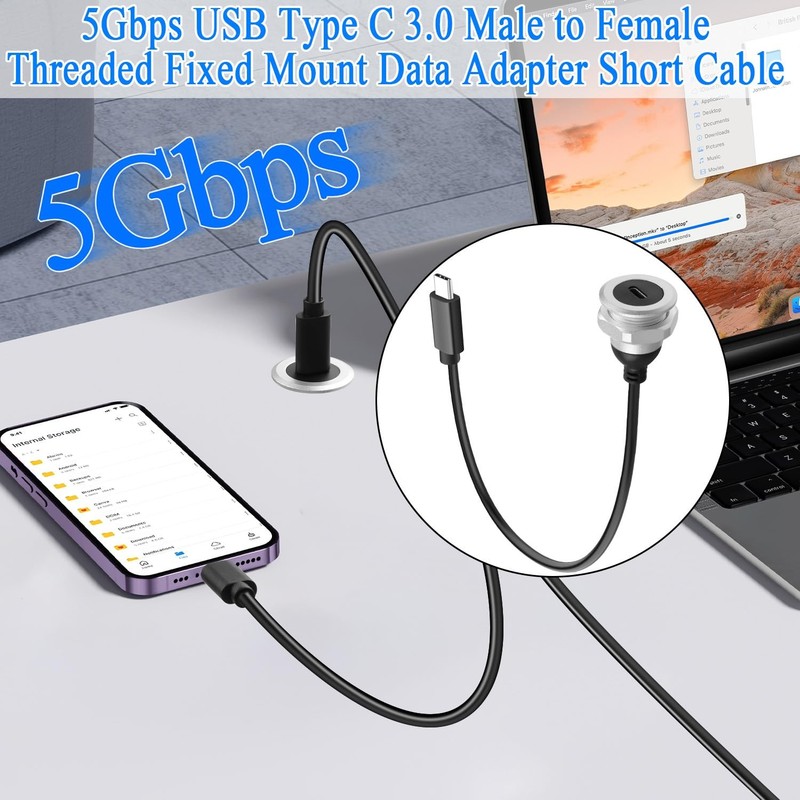 5Gbps USB C Threaded Fixed Mount Data Adapter Short Cable Al Casing PD60W gallery