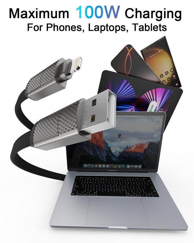 4-in-1 USB-C Fast Charging Cable (100W) – 6 FT Flat Braided 6 feet, Black gallery