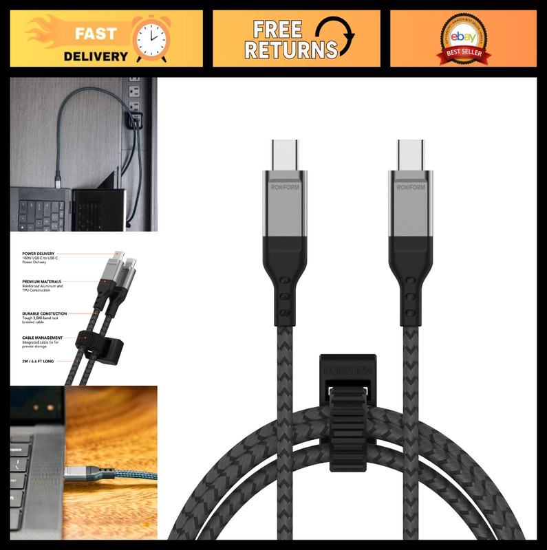 100W USB-C Charging Cable 2m Braided, Integrated Tie, 5000 Bend Tested, Durable