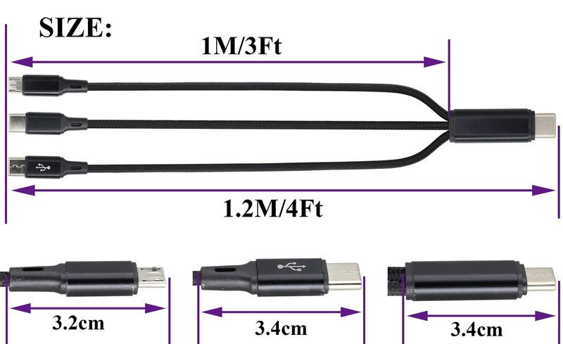 2Pack/4Ft 3 in 1 USB C Splitter Cable USB C 2.0 Male to Dual Type C Male+Micro gallery