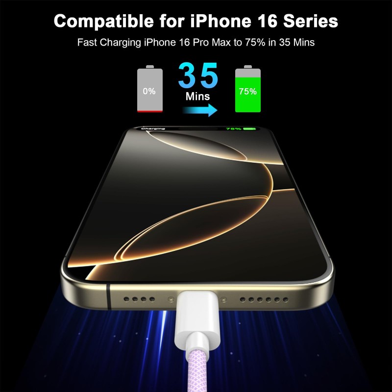 [MFi Certified] iPhone 17 16 15 Charger Cord 6FT, 2 Pack 60W 2P-6FT, Purple gallery