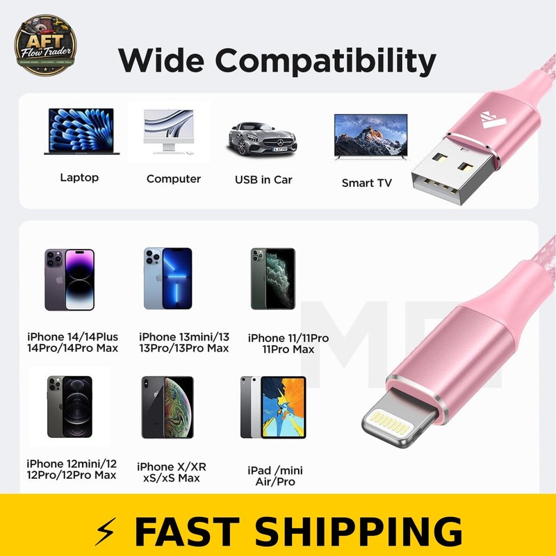 XUDUO 10FT iPhone Charging Cables 3 Pack - Pink gallery