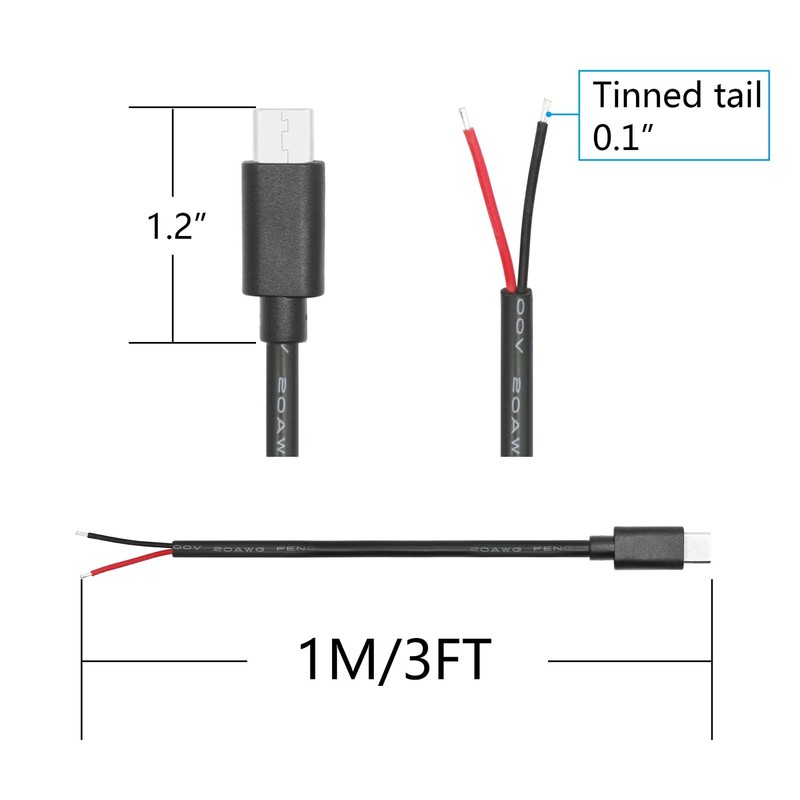 2 PCS 3 FT 20AWG 5V/5A USB C Type C Male Plug To 2 Pin Bare Wire Pigtail Cable gallery