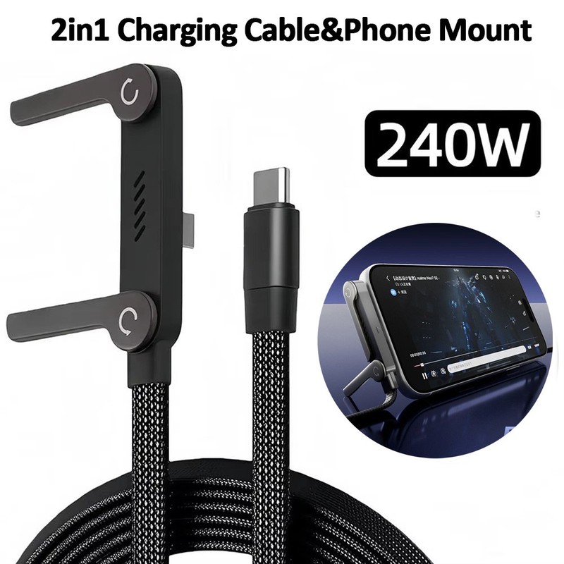 2-in-1 Invisible Holder Charger Cable–240W Fast Charging Cord with Phone Stand