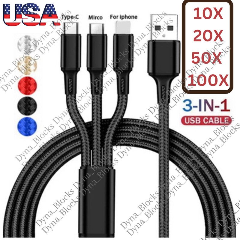 3 in 1 Fast USB Charging Cable Charger Cord For iPhone Samsung Android WHOLESALE