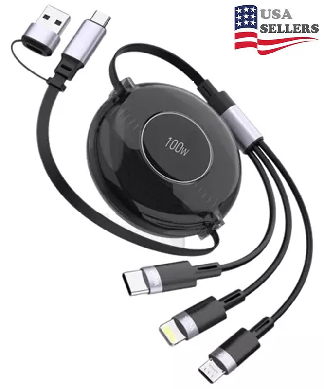Multi Charging Cable Retractable 5in1 Retractable USB C Cable 100W USB A/C to US