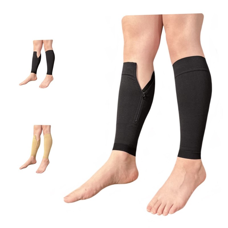 15-20 mmHg Compression Shin Calf No Foot Inside Leg Zipper Sleeves Black