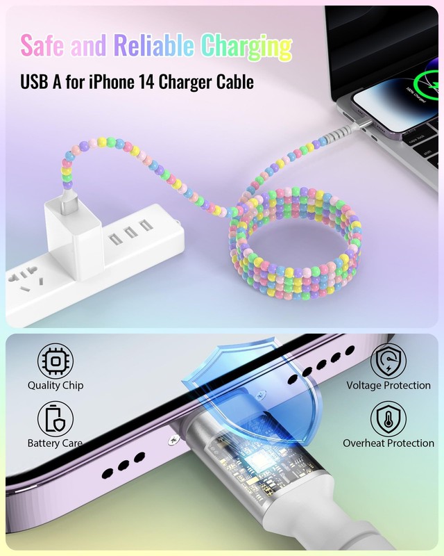 6FT USB A Cable for Apple Phone Charger Cord Short Colorful Beads Cute Beaded... gallery