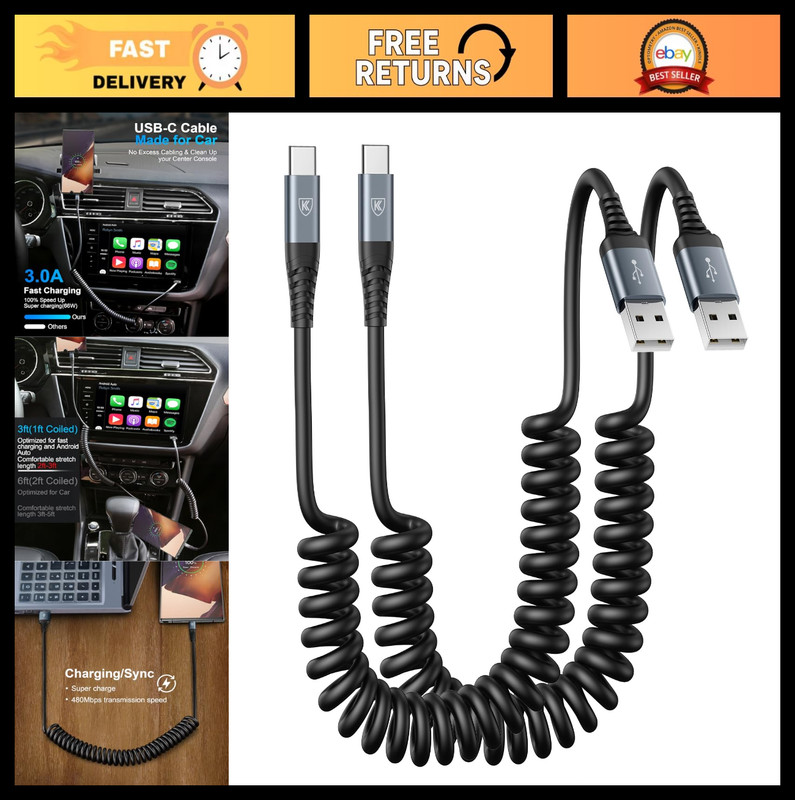 USB Type C Charger Cable Fast Charging, [2-Pack, 3ft] Coiled USB A to Type C