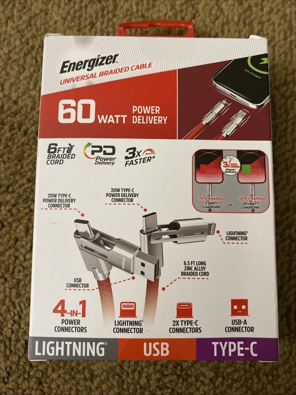 Energizer Universal 6ft Braided Cable 4-in-1 Power Connector 60 Watt PD FreeShip gallery