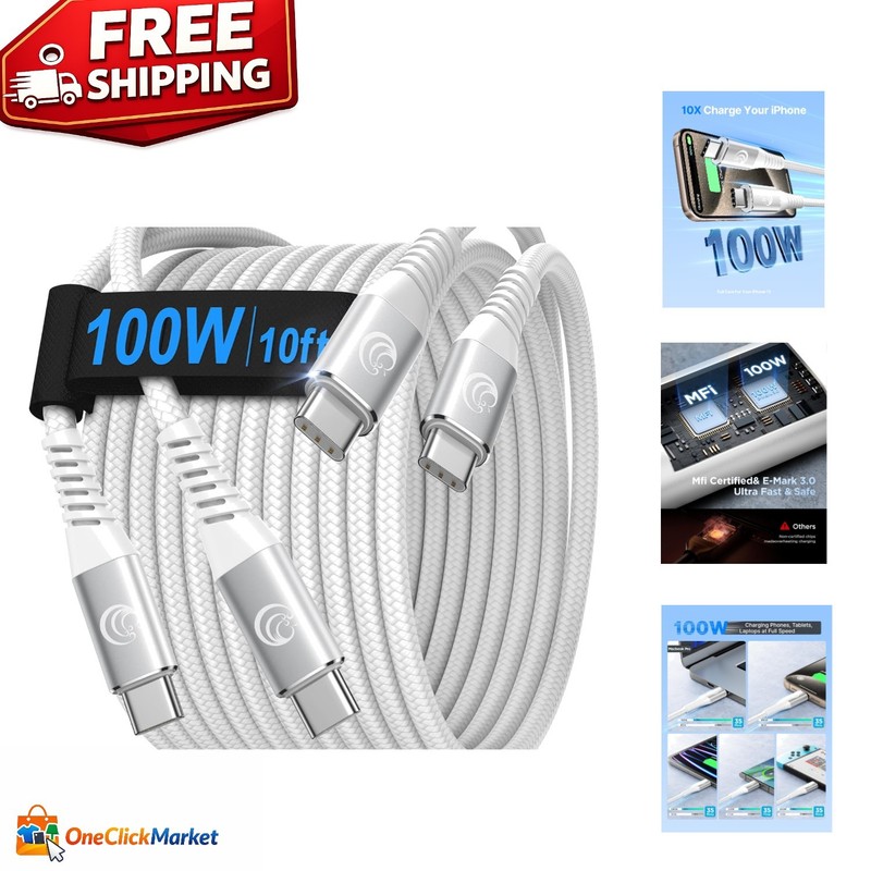 Maximize Charging Speed with 100W 10ft USB C to USB C Cable – Dual Pack Included
