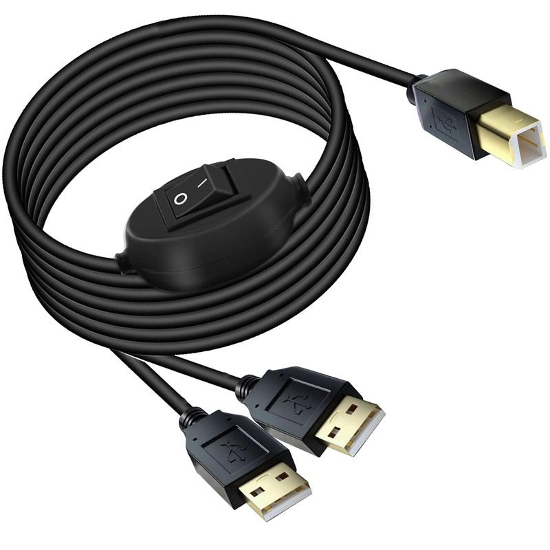 USB Printer Cable Splitter with Switch 2 in 1 USB B to Dual A Male Cord 8ft