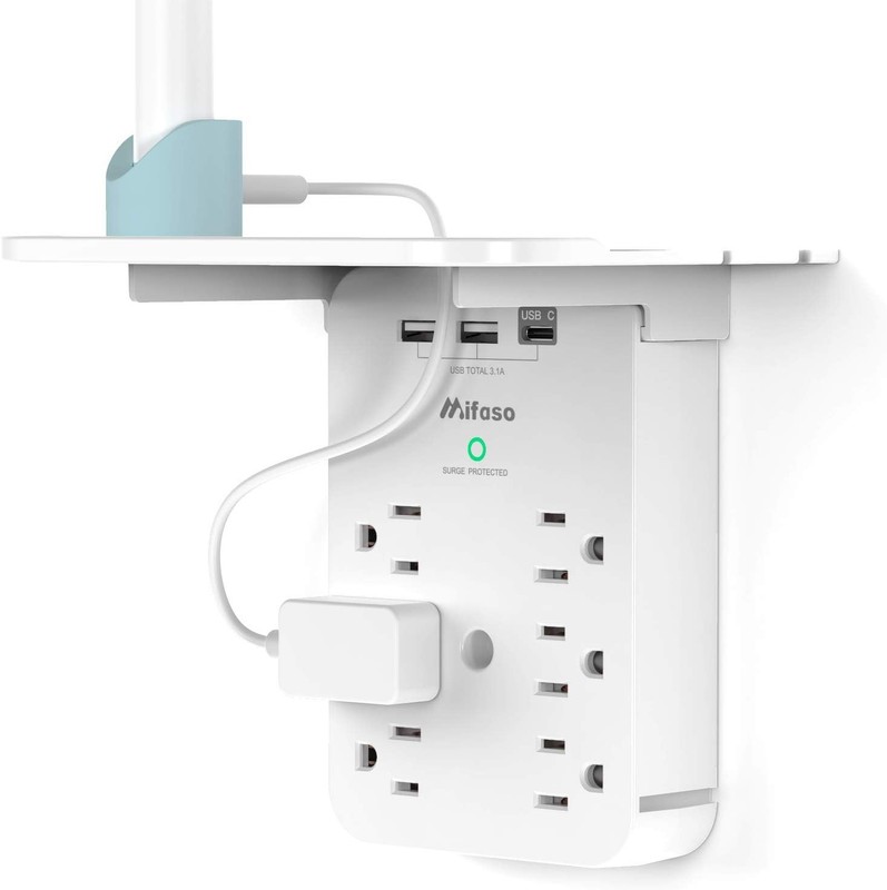 Wall Outlet Extender Surge-6 AC Shelf 2 USB-C Home Dorm Plug Expander Charger