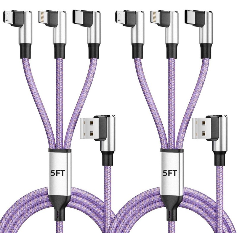 Right Angle 3 in 1 Charging Cable with USB-A to USB C/IP/Micro USB