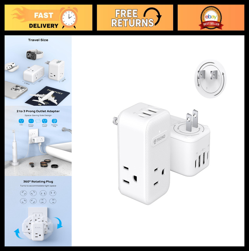 2-Pack 3-Prong Outlet Adapter with USB-C | 360° Rotating Plug, Travel Plug for U