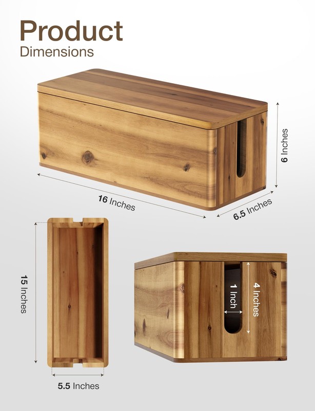 TIDITA Acacia Wood Cable Management Box Round Edge - 16" L Wooden 16", gallery