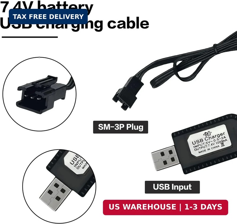 [2 Pack]BaiWeiDun 7.4V USB Charger Cable with SM-3PIN Plug Compatible RC Car RC gallery