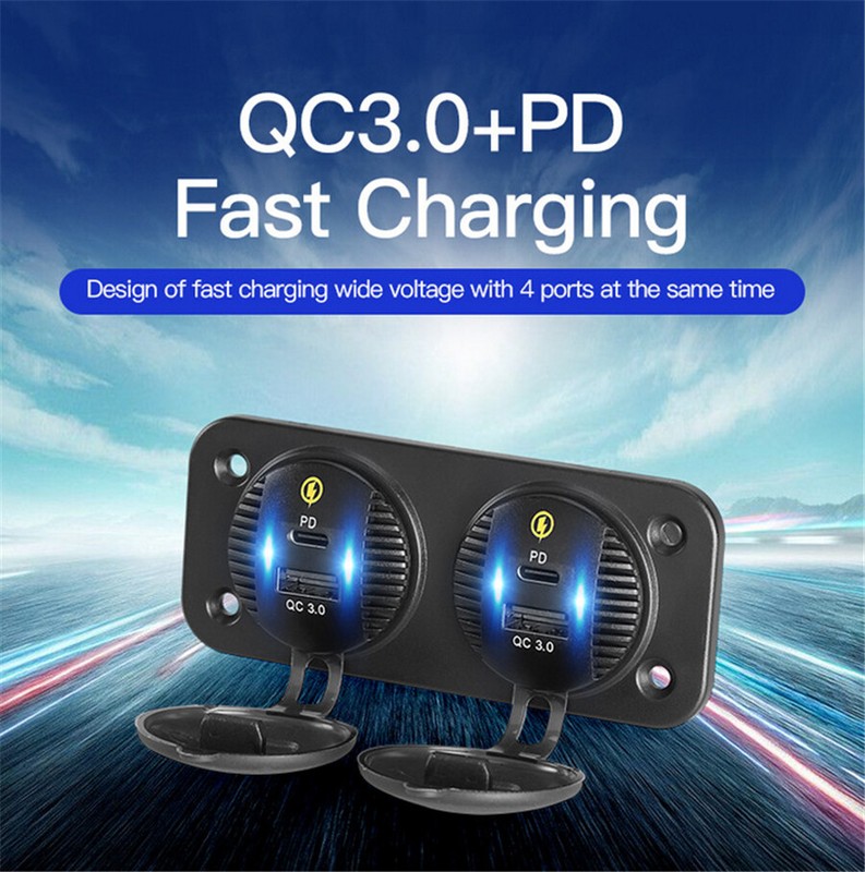 72W Fast 2 Port USB Type-c 3.0 Car Boat Panel Charger Adapter Socket Waterproof gallery