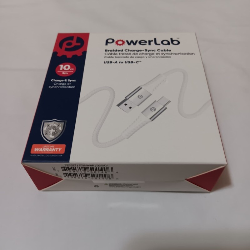 PowerLab Braided Charge & Sync Cable USB A to USB C Cable White Silver 10Ft New gallery