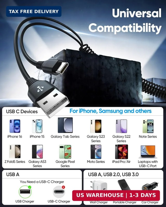 USB to USB C Coiled Cable 6FT 2-Pack, 60W Fast Charging Coiled Cable, USB A to U gallery