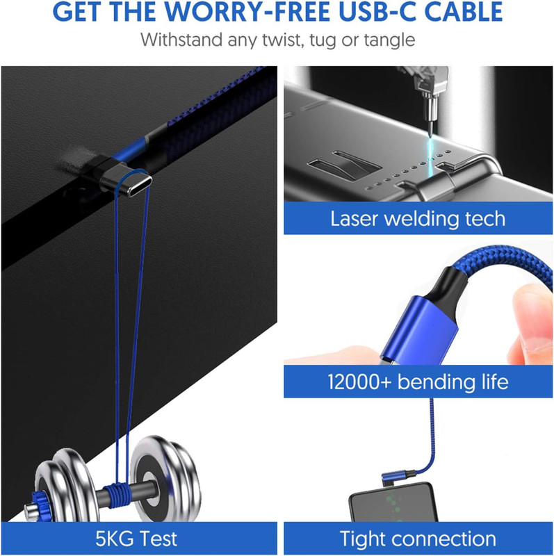 USB C Cable 90 Degree Right Angle[2Pack 10FT], USB a to Type C Nylon Braided Fas gallery